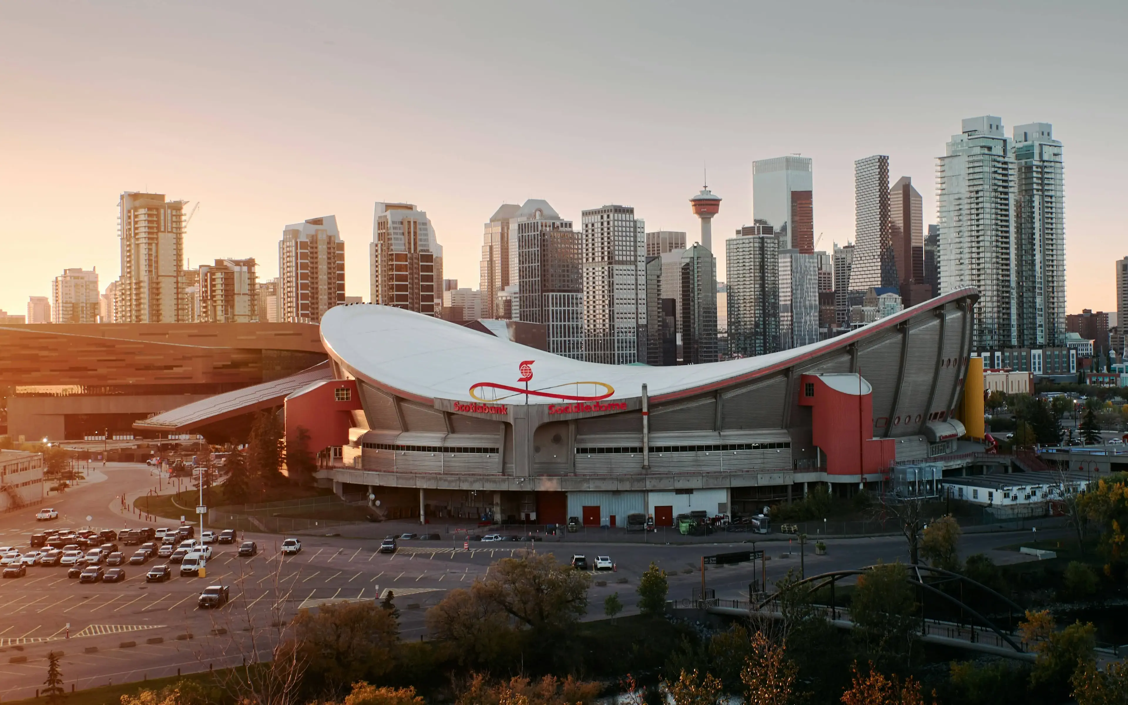 Aerial view of Calgary's Scotiabank Saddledome and downtown skyline representing Can Do More Renovations' flagship service market